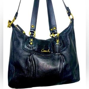 COACH Ashley Black Leather Python Trim Purse Shoulder Hobo Handbag F20104